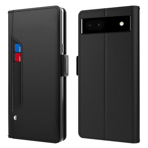 For Google Pixel 6a PU Leather +TPU Phone Case Makeup Mirror Ultra Slim Phone Flip Leather Cover with Card Slots - Black - 1