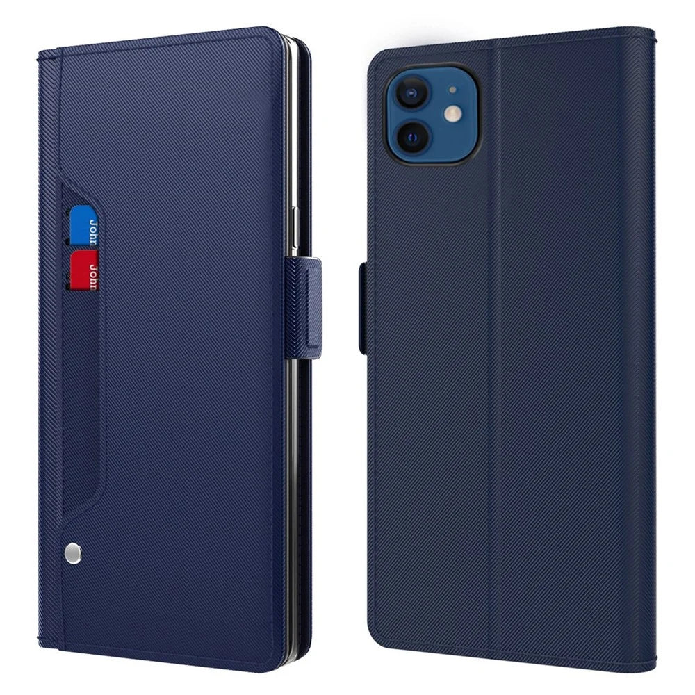 Shockproof Phone Case For iPhone 12 / 12 Pro 6.1 inch, Makeup Mirror Magnetic Closure Phone Flip Leather Cover with Card Slots - Blue - 1