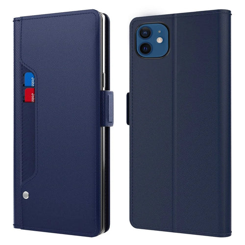Shockproof Phone Case For iPhone 12 / 12 Pro 6.1 inch, Makeup Mirror Magnetic Closure Phone Flip Leather Cover with Card Slots - Blue - 1