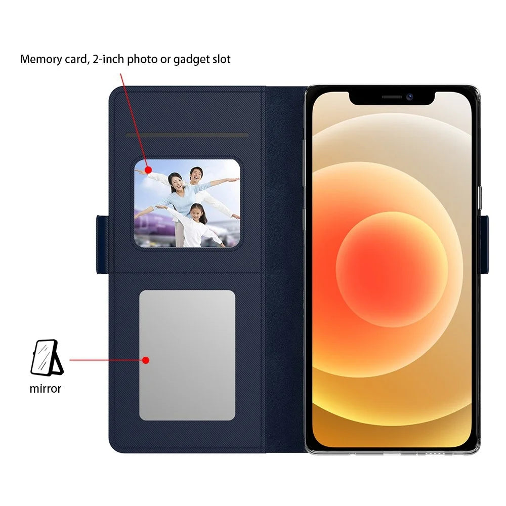 Shockproof Phone Case For iPhone 12 / 12 Pro 6.1 inch, Makeup Mirror Magnetic Closure Phone Flip Leather Cover with Card Slots - Blue - 3
