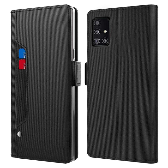 For Samsung Galaxy A51 5G SM-A516 PU Leather Makeup Mirror Stand Case Card Holder Drop-proof Magnetic Phone Cover - Black - 1