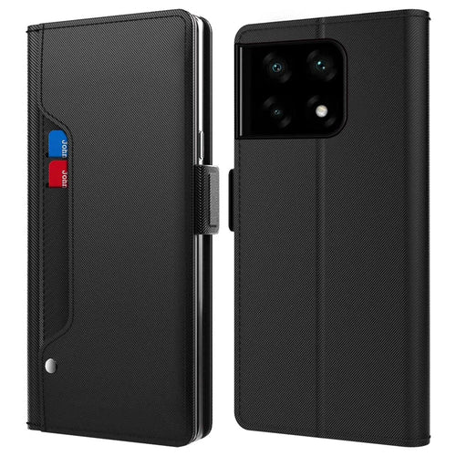 For OnePlus 10 Pro 5G Makeup Mirror PU Leather Cover Side Magnetic Clasp Shockproof Stand Card Holder Phone Case - Black - 1