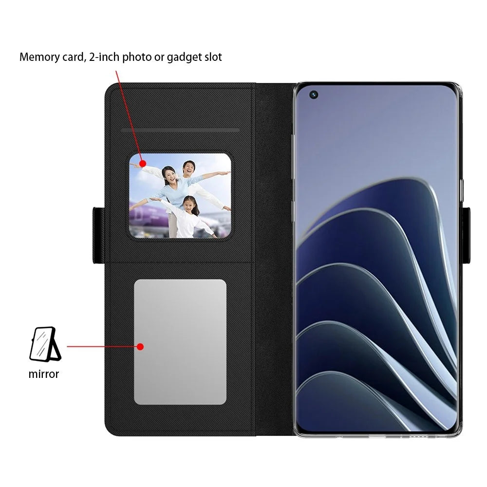 For OnePlus 10 Pro 5G Makeup Mirror PU Leather Cover Side Magnetic Clasp Shockproof Stand Card Holder Phone Case - Black - 3