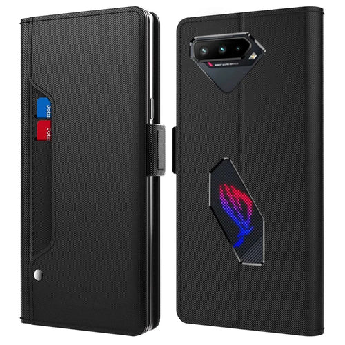 For Asus ROG Phone 5 Mirror Function Magnetic Closure PU Leather Phone Case Folio Flip Stand Card Holder Cover - Black - 1