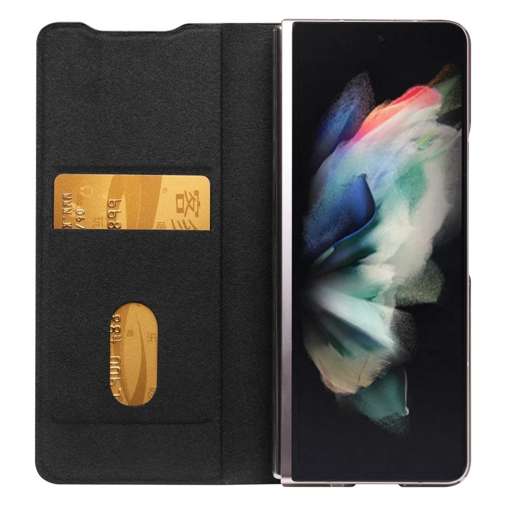 QIALINO For Samsung Galaxy Z Fold3 5G Genuine Leather Anti-Drop Phone Case Foldable Stand Card Holder Full Protection Cover - Black - 4