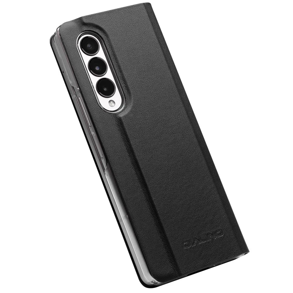 QIALINO For Samsung Galaxy Z Fold3 5G Genuine Leather Anti-Drop Phone Case Foldable Stand Card Holder Full Protection Cover - Black - 5