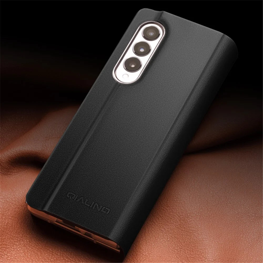 QIALINO For Samsung Galaxy Z Fold3 5G Genuine Leather Anti-Drop Phone Case Foldable Stand Card Holder Full Protection Cover - Black - 7