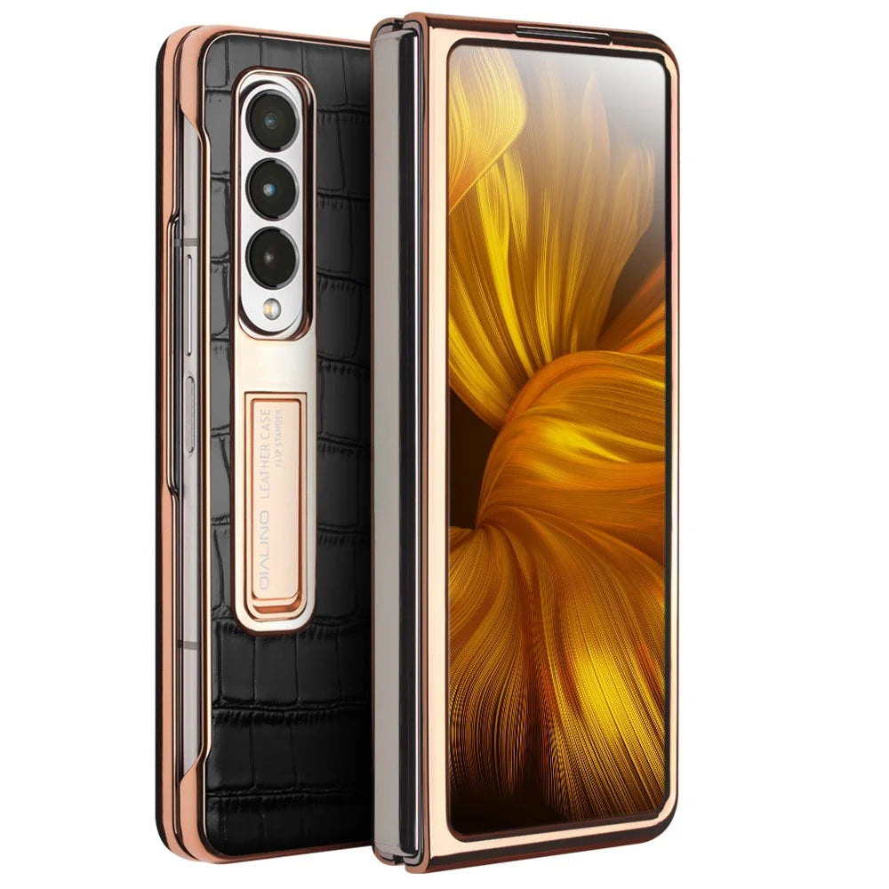 QIALINO For Samsung Galaxy Z Fold3 5G Crocodile Texture Genuine Leather + PC Kickstand Cover Electroplating Phone Case with Tempered Glass - Black - 1