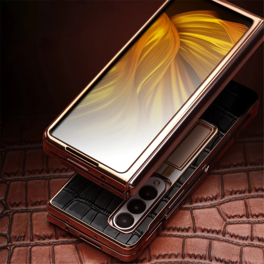 QIALINO For Samsung Galaxy Z Fold3 5G Crocodile Texture Genuine Leather + PC Kickstand Cover Electroplating Phone Case with Tempered Glass - Black - 6