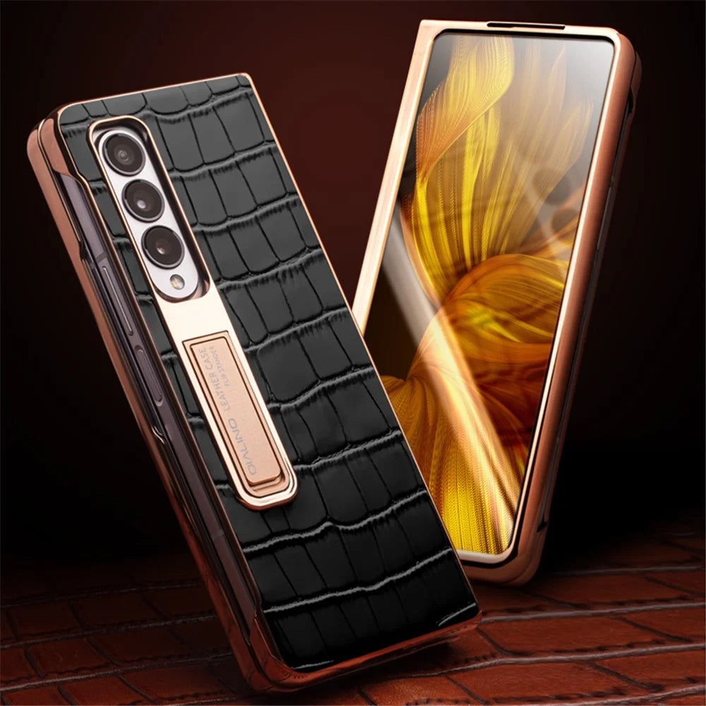 QIALINO For Samsung Galaxy Z Fold3 5G Crocodile Texture Genuine Leather + PC Kickstand Cover Electroplating Phone Case with Tempered Glass - Black - 7