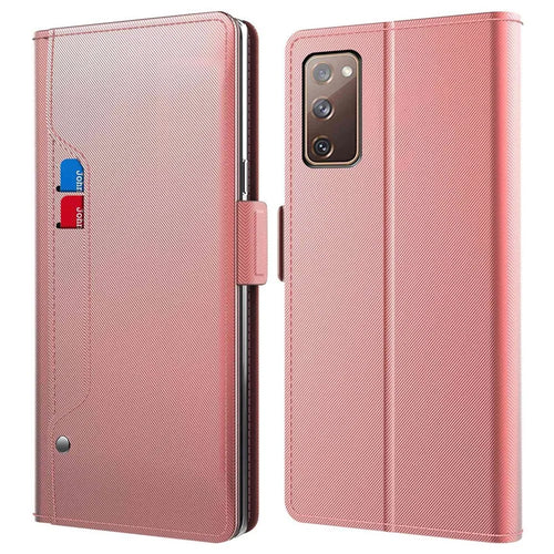 For Samsung Galaxy S20 FE / S20 FE 5G / S20 FE 2022 / S20 Lite Mirror Function PU Leather Stand Card Holder Case Magnetic Clasp Phone Cover - Rose Gold - 1