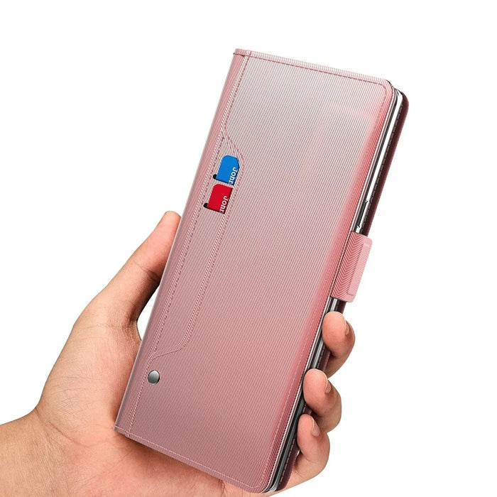 For Samsung Galaxy S20 FE / S20 FE 5G / S20 FE 2022 / S20 Lite Mirror Function PU Leather Stand Card Holder Case Magnetic Clasp Phone Cover - Rose Gold - 7