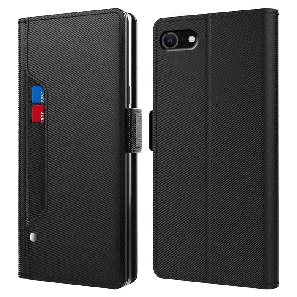 For iPhone SE (2022) / (2020) / 7 / 8 4.7 inch Makeup Mirror Protective Phone Cover PU Leather Stand Card Holder Shockproof Case - Black - 1
