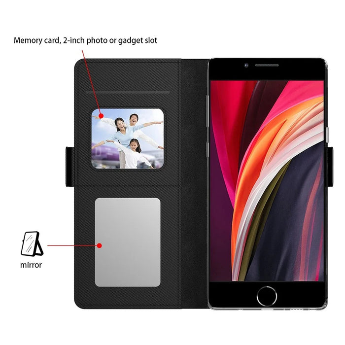 For iPhone SE (2022) / (2020) / 7 / 8 4.7 inch Makeup Mirror Protective Phone Cover PU Leather Stand Card Holder Shockproof Case - Black - 3