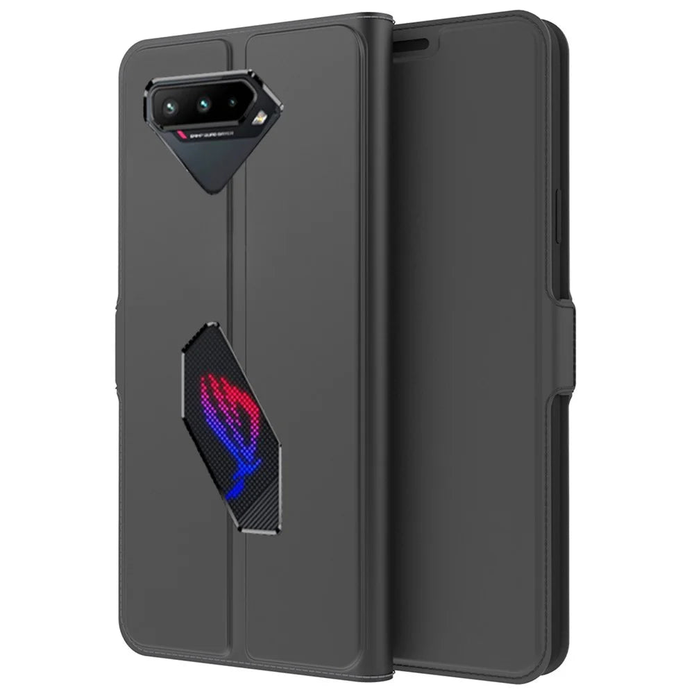 For Asus ROG Phone 5 PU Leather Case Viewing Stand Card Holder Slot Magnetic Closure Flip Cover - Black - 1