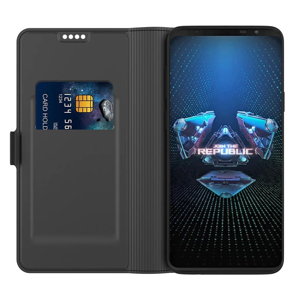 For Asus ROG Phone 5 PU Leather Case Viewing Stand Card Holder Slot Magnetic Closure Flip Cover - Black - 2