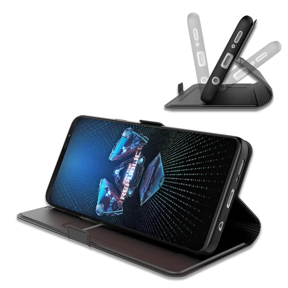 For Asus ROG Phone 5 PU Leather Case Viewing Stand Card Holder Slot Magnetic Closure Flip Cover - Black - 3