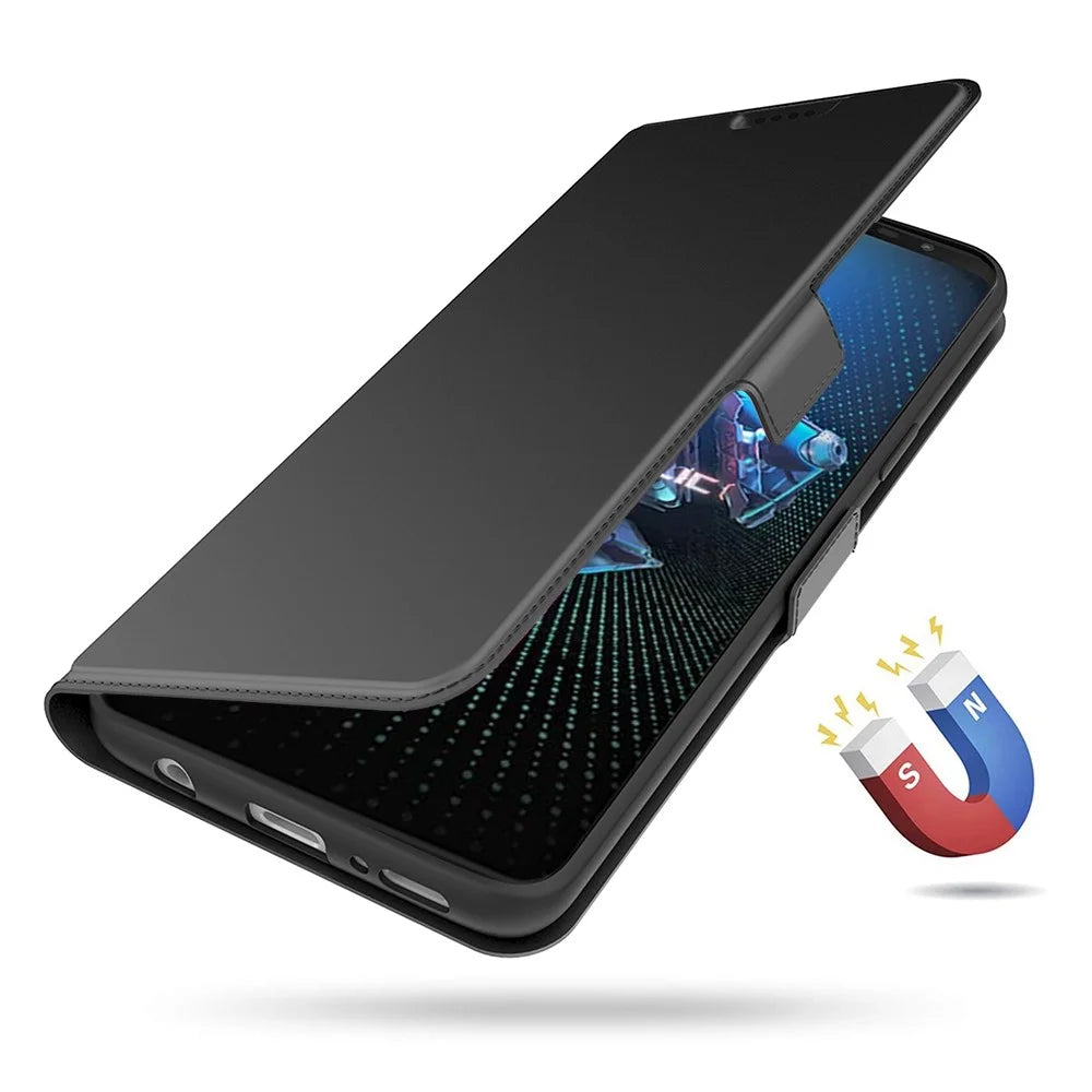 For Asus ROG Phone 5 PU Leather Case Viewing Stand Card Holder Slot Magnetic Closure Flip Cover - Black - 4