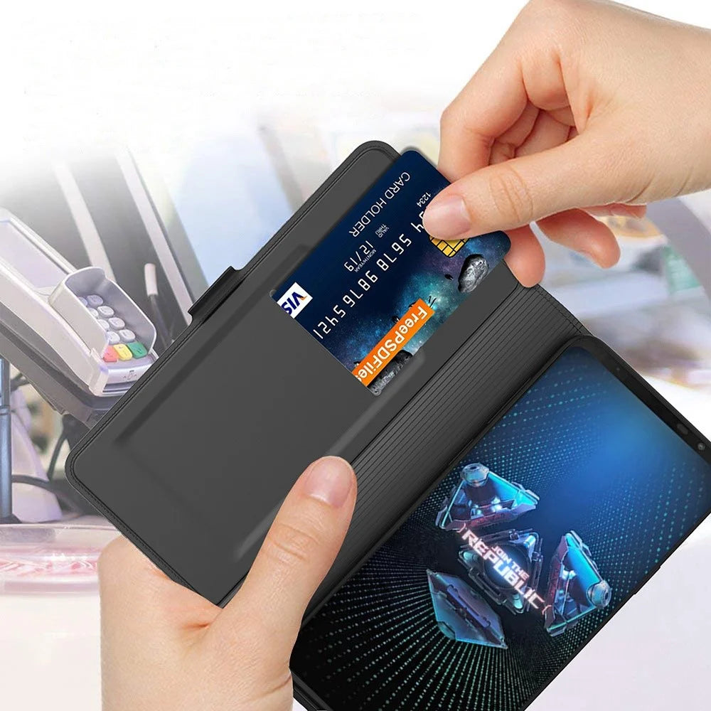 For Asus ROG Phone 5 PU Leather Case Viewing Stand Card Holder Slot Magnetic Closure Flip Cover - Black - 5