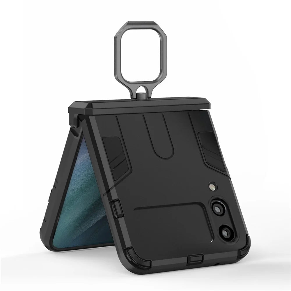 For Samsung Galaxy Z Flip4 5G Rotatable Ring Holder Kickstand Phone Case Kickstand Hard PC Soft TPU Shock Absorption Cover - Black - 5