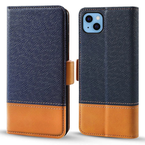 For iPhone 12 / 12 Pro 6.1 inch Magnetic Closure Color Splicing Phone Case Flip Wallet Stand PU Leather + TPU Protective Cover - Blue - 1