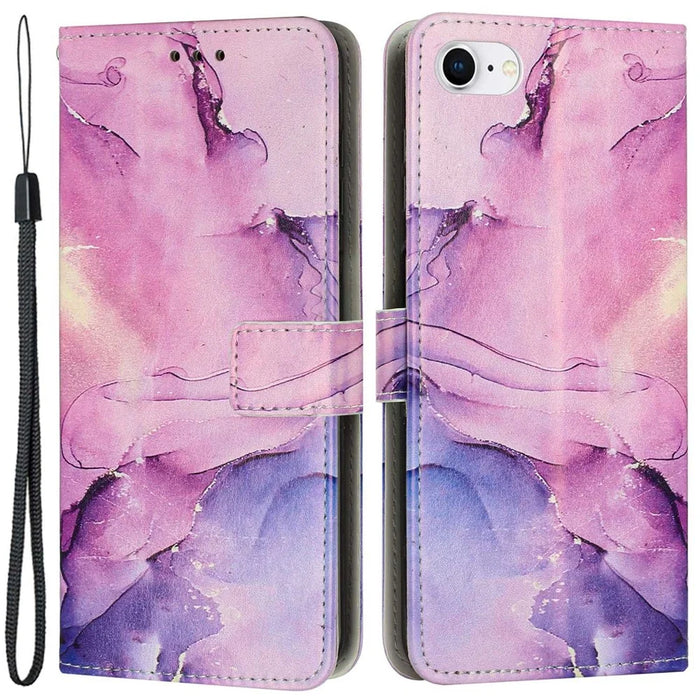 For iPhone 6 / 7 / 8 4.7 inch / SE (2020) / (2022) PU Leather Stand Case Marble Pattern Printing Magnetic Clasp Phone Wallet Cover with Strap - Purple - 1