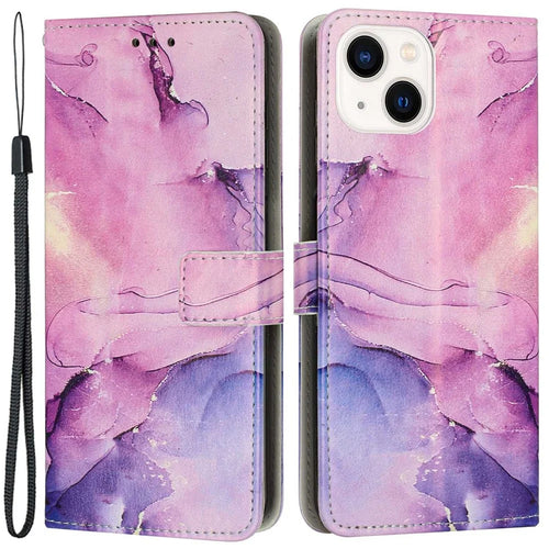 For iPhone 14 / 13 6.1 inch Marble Pattern Printing Stand Phone Case PU Leather Magnetic Clasp Wallet Cover with Strap - Purple - 1