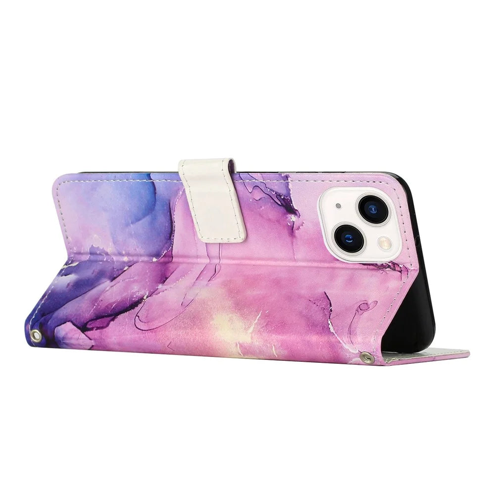 For iPhone 14 / 13 6.1 inch Marble Pattern Printing Stand Phone Case PU Leather Magnetic Clasp Wallet Cover with Strap - Purple - 3