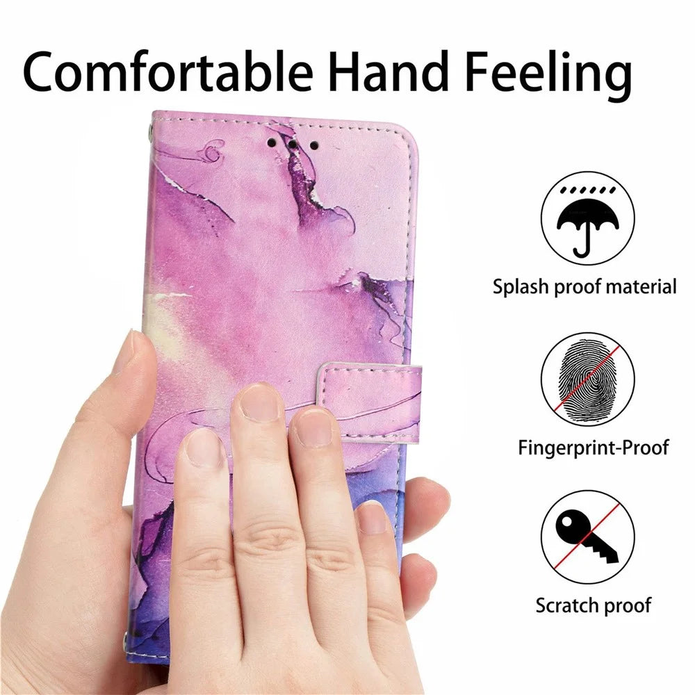 For iPhone 14 / 13 6.1 inch Marble Pattern Printing Stand Phone Case PU Leather Magnetic Clasp Wallet Cover with Strap - Purple - 4