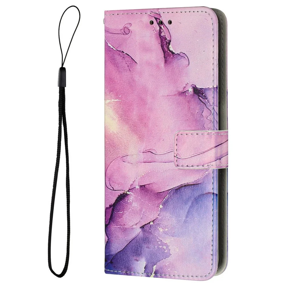 For iPhone 14 / 13 6.1 inch Marble Pattern Printing Stand Phone Case PU Leather Magnetic Clasp Wallet Cover with Strap - Purple - 7
