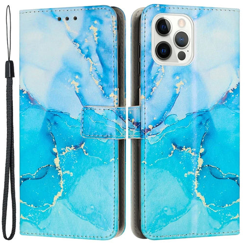For iPhone 14 Pro Max 6.7 inch Marble Pattern Printing Anti-drop Phone Case PU Leather Wallet Stand Folio Flip Cover with Strap - Blue / Green - 1