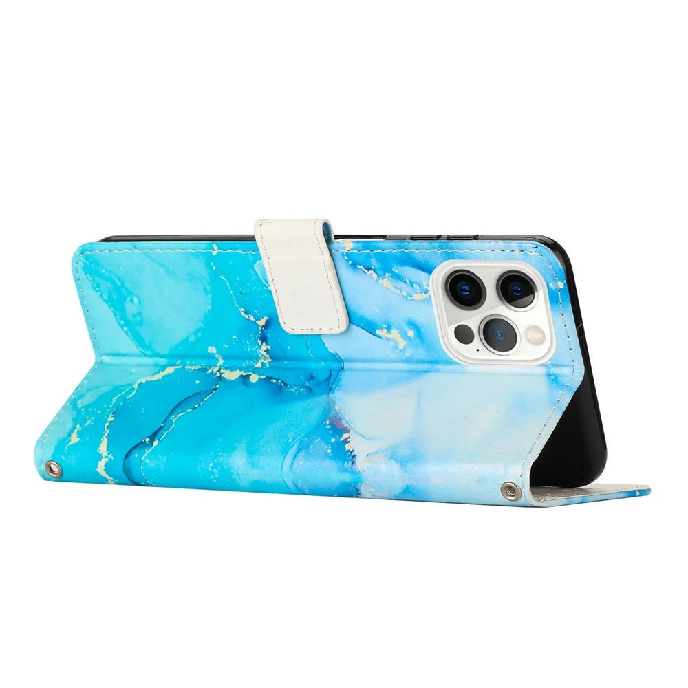 For iPhone 14 Pro Max 6.7 inch Marble Pattern Printing Anti-drop Phone Case PU Leather Wallet Stand Folio Flip Cover with Strap - Blue / Green - 3