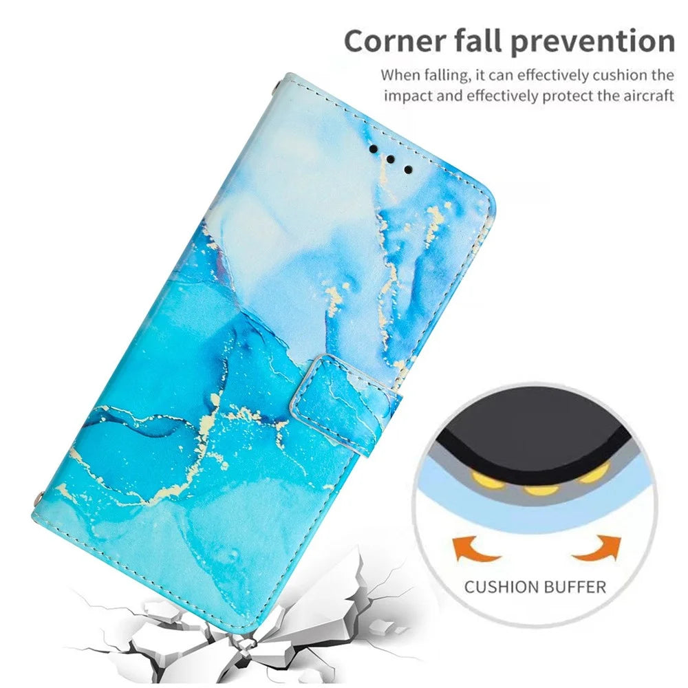For iPhone 14 Pro Max 6.7 inch Marble Pattern Printing Anti-drop Phone Case PU Leather Wallet Stand Folio Flip Cover with Strap - Blue / Green - 5