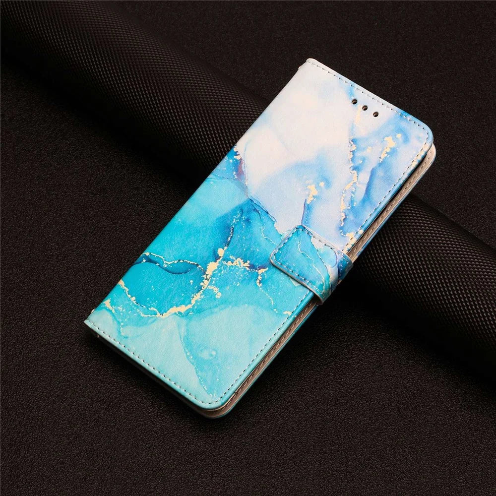 For iPhone 14 Pro Max 6.7 inch Marble Pattern Printing Anti-drop Phone Case PU Leather Wallet Stand Folio Flip Cover with Strap - Blue / Green - 6