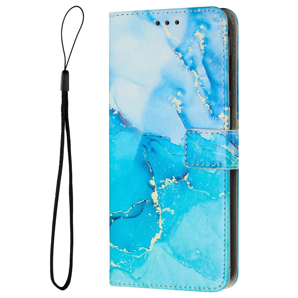 For iPhone 14 Pro Max 6.7 inch Marble Pattern Printing Anti-drop Phone Case PU Leather Wallet Stand Folio Flip Cover with Strap - Blue / Green - 7