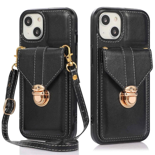 For iPhone 14 6.1 inch Anti-scratch Phone Cover PU Leather+TPU Card Holder Kickstand Phone Case with Shoulder Strap - Black - 1