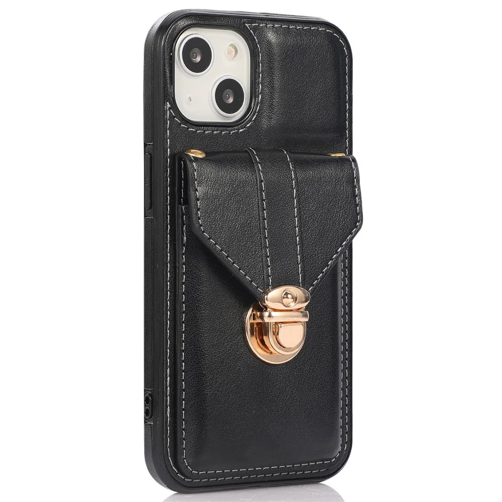 For iPhone 14 6.1 inch Anti-scratch Phone Cover PU Leather+TPU Card Holder Kickstand Phone Case with Shoulder Strap - Black - 3