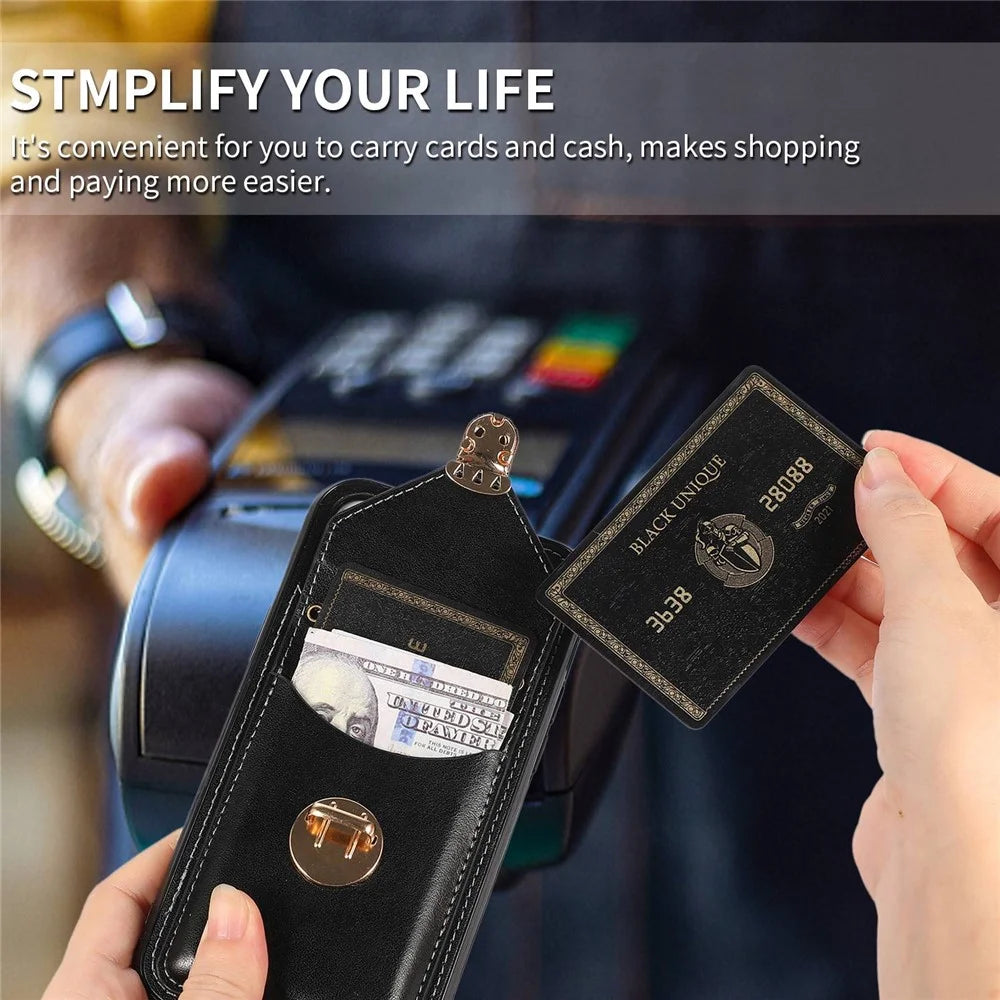 For iPhone 14 6.1 inch Anti-scratch Phone Cover PU Leather+TPU Card Holder Kickstand Phone Case with Shoulder Strap - Black - 5