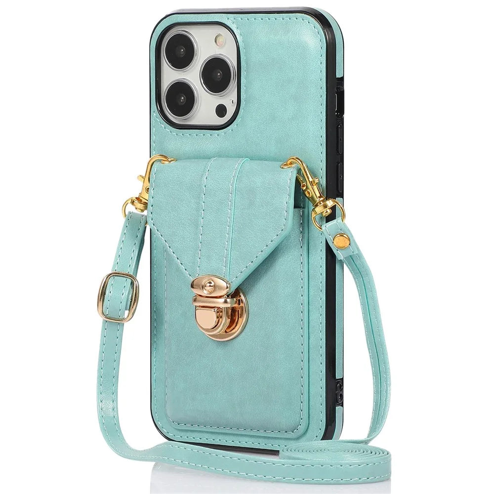 Cell Phone Cover for iPhone 14 Pro 6.1 inch, PU Leather+TPU Cash Coin Card Holder Kickstand Phone Case with Shoulder Strap - Green - 2