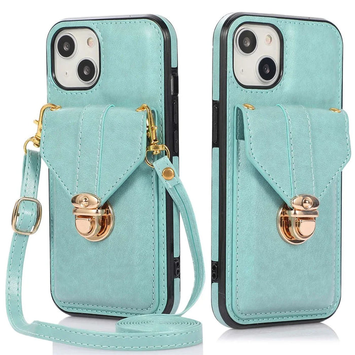 For iPhone 14 Plus Dustproof PU Leather+TPU Anti-scratch Phone Cover Kickstand Phone Case with Shoulder Strap - Green - 1