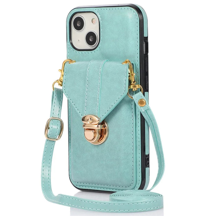 For iPhone 14 Plus Dustproof PU Leather+TPU Anti-scratch Phone Cover Kickstand Phone Case with Shoulder Strap - Green - 2