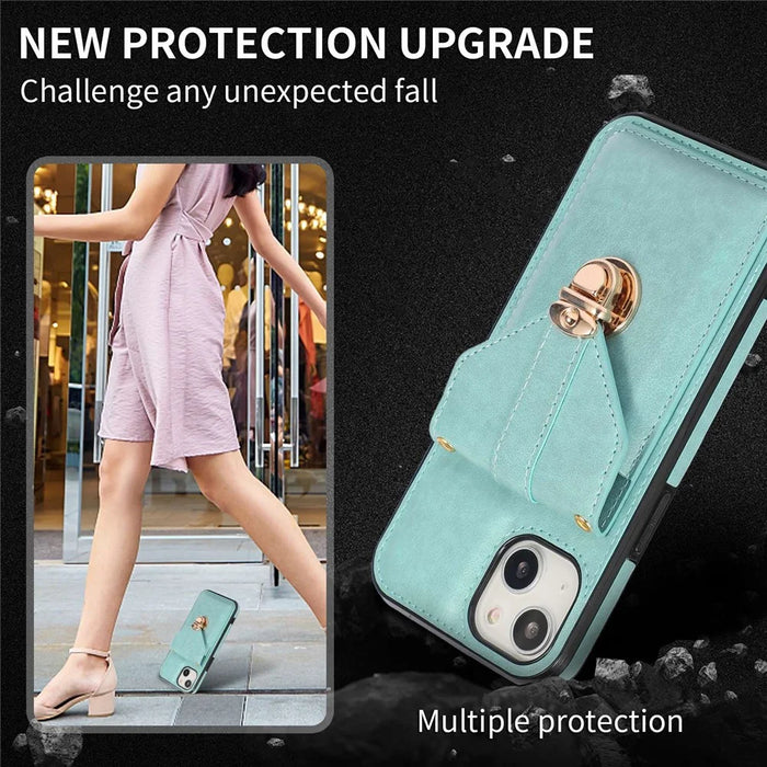 For iPhone 14 Plus Dustproof PU Leather+TPU Anti-scratch Phone Cover Kickstand Phone Case with Shoulder Strap - Green - 6