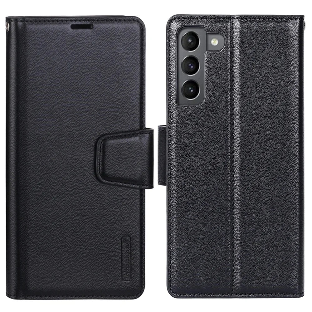 HANMAN Mill Series Phone Case for Samsung Galaxy S21 5G PU Leather Folio Flip Cover Anti-drop Wallet Phone Case - Black - 1