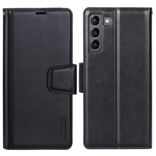 HANMAN Mill Series Phone Case for Samsung Galaxy S21 5G PU Leather Folio Flip Cover Anti-drop Wallet Phone Case - Black - 1