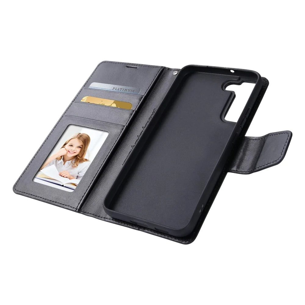 HANMAN Mill Series Phone Case for Samsung Galaxy S21 5G PU Leather Folio Flip Cover Anti-drop Wallet Phone Case - Black - 3
