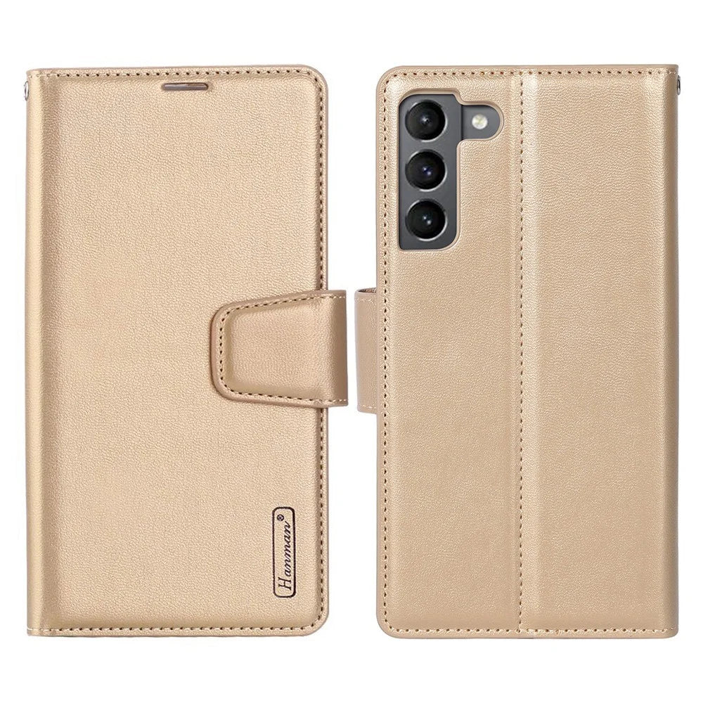 HANMAN Mill Series Phone Case for Samsung Galaxy S22 5G Folio Flip Phone Cover PU Leather Soft TPU Case with Wallet - Gold - 1