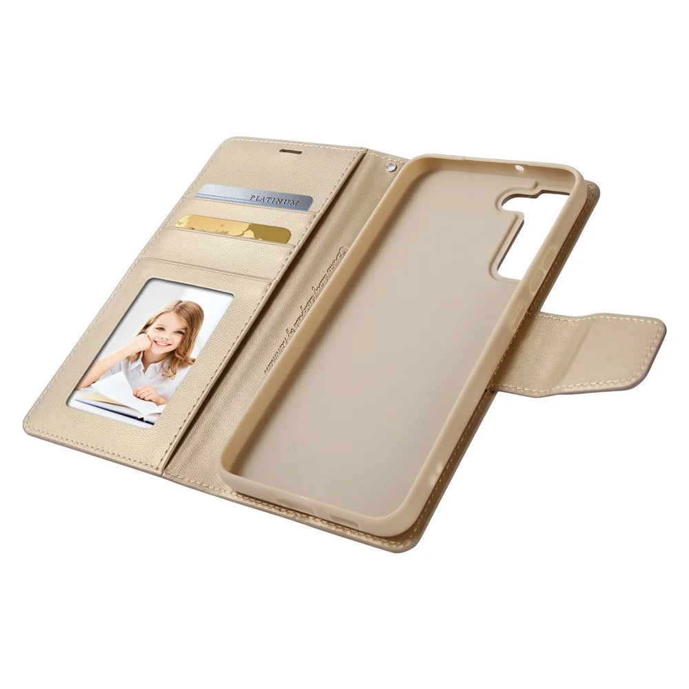HANMAN Mill Series Phone Case for Samsung Galaxy S22 5G Folio Flip Phone Cover PU Leather Soft TPU Case with Wallet - Gold - 3