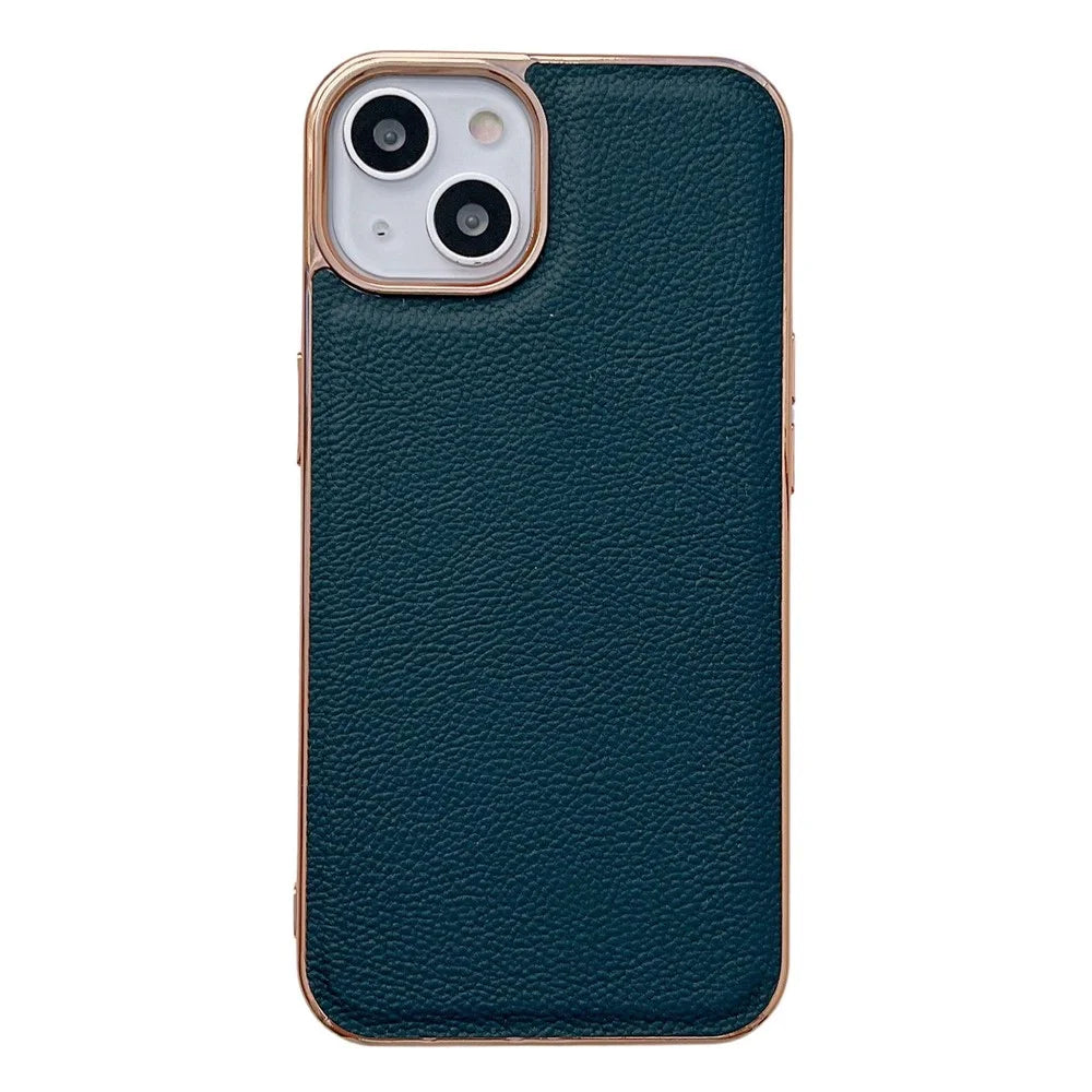 Back Cover for iPhone 13 6.1 inch, Genuine Cowhide Leather+TPU Electroplating Protective Phone Case - Green - 1