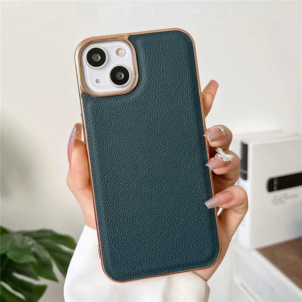 Back Cover for iPhone 13 6.1 inch, Genuine Cowhide Leather+TPU Electroplating Protective Phone Case - Green - 2