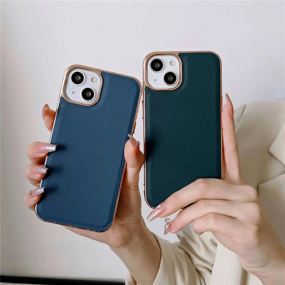 Back Cover for iPhone 13 6.1 inch, Genuine Cowhide Leather+TPU Electroplating Protective Phone Case - Green - 3